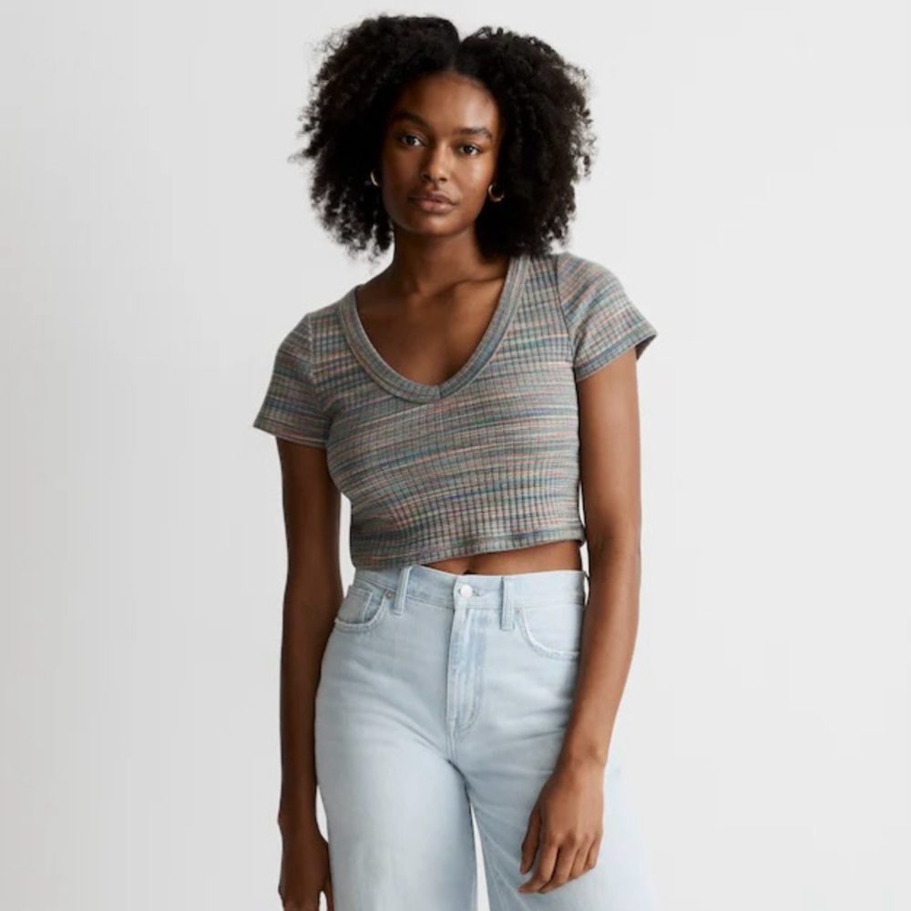 Madewell Ribbed V-Neck Crop Tee in Space-Dye, Size XS, NWT